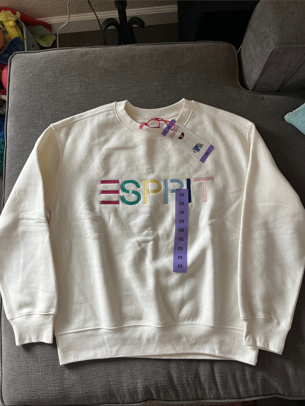Esprit White Crewneck Sweatshirt with Embroidered Multicolor Logo